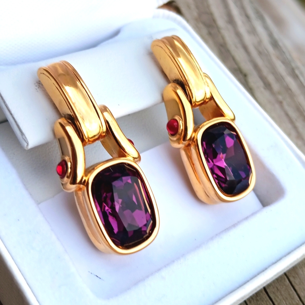 SWAROVSKI AMETHYST CRYSTAL BEZEL SET EARRINGS